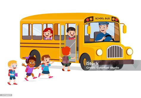 Little Kids Boy And Girl Ride School Bus And Go To School Stock Vector Little Kids Boy And Girl Ride School Bus And Go To School Stock Vector